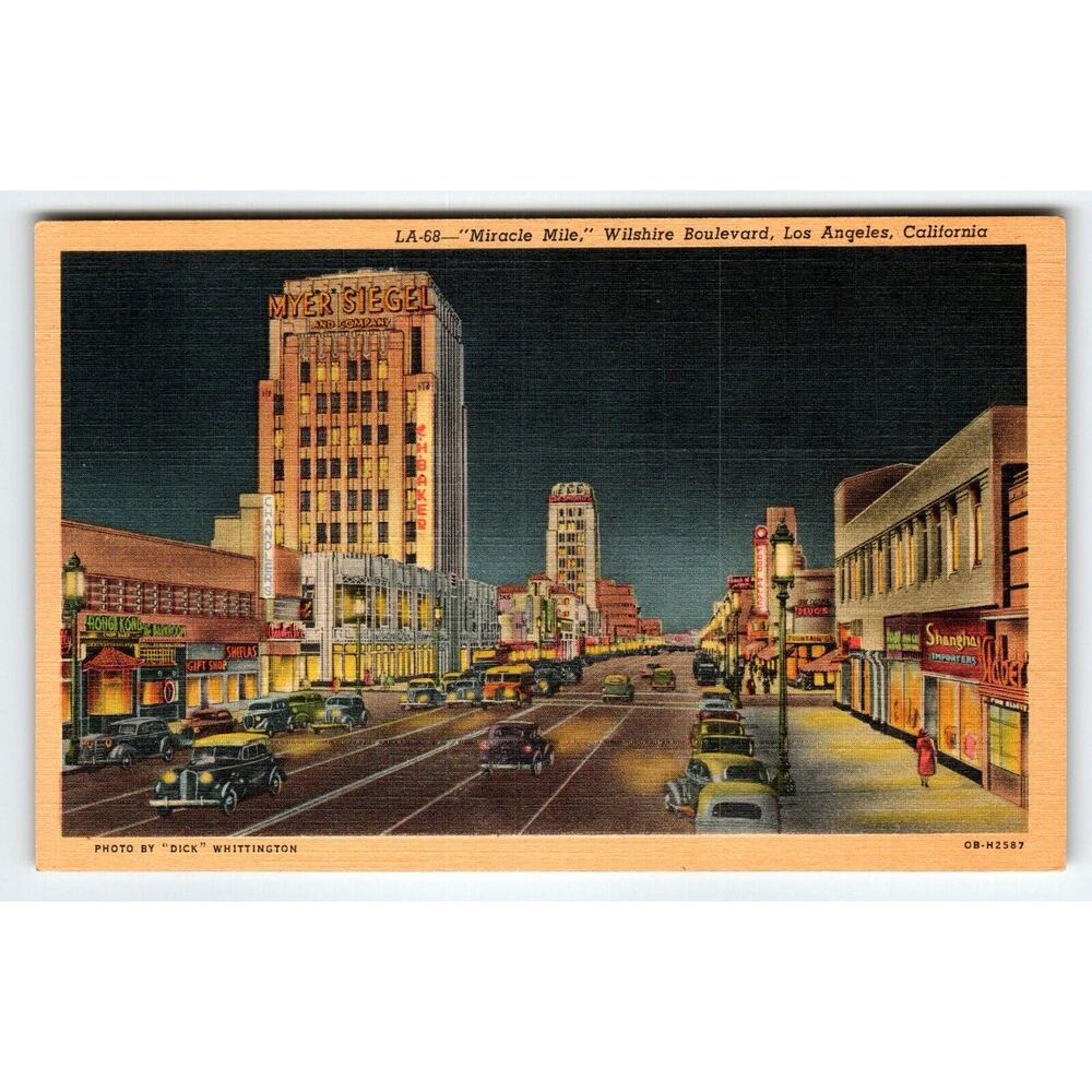 Miracle Mile Wilshire Boulevard Los Angeles California Postcard Myer Siegel Cars